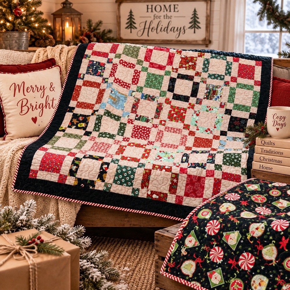 Handmade Christmas Patchwork Quilt Holiday Throw Red Green Navy 53x52